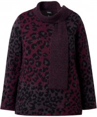 Ulla Popken Leopard Print Scarf Sweater Dark Wine Red