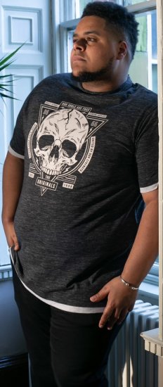 D555 DARREN Skull Printed T-Shirt With Double Layer On Hem & Cuff Black Reno - T-shirts - T-shirts Homme Grande Taille
