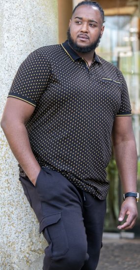 D555 RAUL AOP Jersey Polo With Jacquard Collar, Ribs And Chest Pocket Black - Polos - Polos homme grande taille