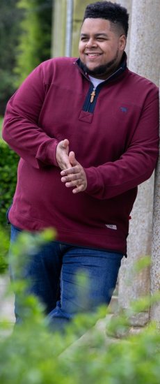 D555 HIRALDO Quarter Neck Pique Fleece Sweatshirt With Chest Embroidery Red - Sweatshirts & hoodies - Sweatshirts/Hoodies grande taille homme