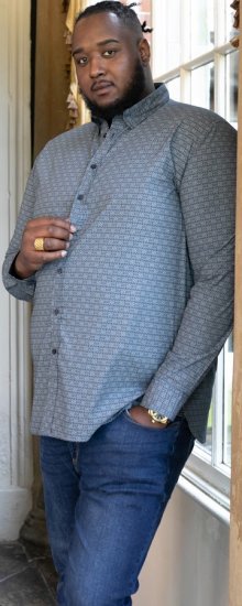 D555 MANGALA Geometric AOP Long Sleeve Shirt With Concealed Button Down Collar Navy - Chemises - Chemises Grandes Tailles Hommes