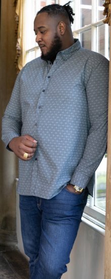 D555 MANGALA Geometric AOP Long Sleeve Shirt With Concealed Button Down Collar Navy - Chemises - Chemises Grandes Tailles Hommes