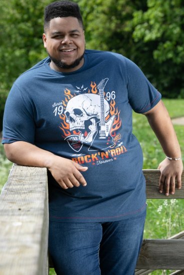 D555 NEAL Skull With Flames Printed Crew Neck T-Shirt Navy/Blue Twist - T-shirts - T-shirts Homme Grande Taille