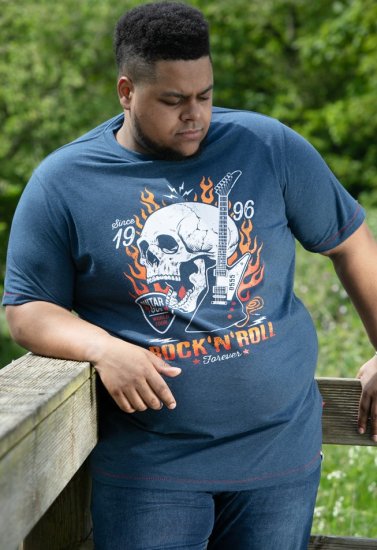 D555 NEAL Skull With Flames Printed Crew Neck T-Shirt Navy/Blue Twist - T-shirts - T-shirts Homme Grande Taille