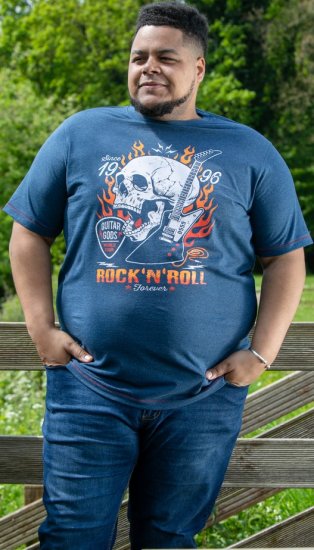 D555 NEAL Skull With Flames Printed Crew Neck T-Shirt Navy/Blue Twist - T-shirts - T-shirts Homme Grande Taille