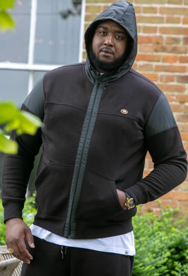 D555 DEAN Couture Zip Through Hoody With Woven Contrast Fabric Trim Black - Sweatshirts & hoodies - Sweatshirts/Hoodies grande taille homme