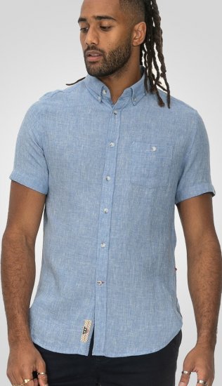 D555 Falmouth 1 Linen Mix Short Sleeve Shirt With Button Down Blue - Chemises - Chemises Grandes Tailles Hommes