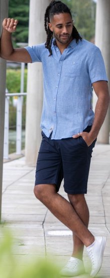 D555 Falmouth 1 Linen Mix Short Sleeve Shirt With Button Down Blue - Chemises - Chemises Grandes Tailles Hommes