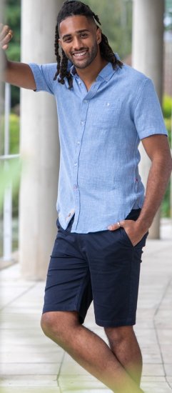 D555 Falmouth 1 Linen Mix Short Sleeve Shirt With Button Down Blue - Chemises - Chemises Grandes Tailles Hommes