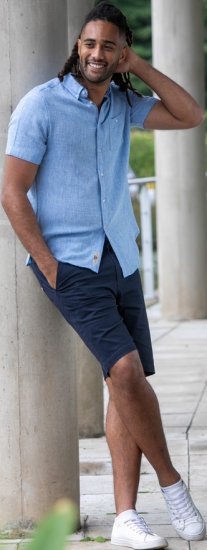 D555 Falmouth 1 Linen Mix Short Sleeve Shirt With Button Down Blue - Chemises - Chemises Grandes Tailles Hommes