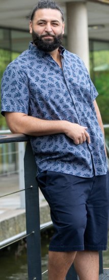 D555 Kettering Hawaiian Leaf AOP Short Sleeve Button Down Collar Shirt Denim - Chemises - Chemises Grandes Tailles Hommes