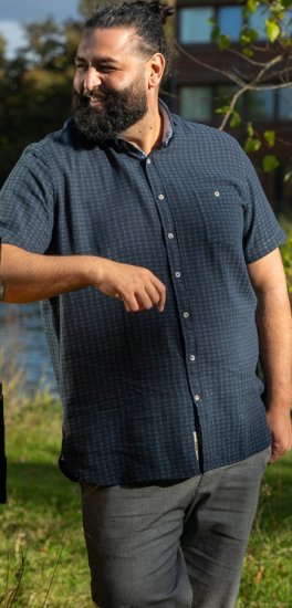 D555 Pontefract Jacquard Linen Mix Short Sleeve Shirt With Button Down Navy - Chemises - Chemises Grandes Tailles Hommes