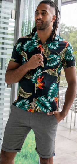 D555 Selby Hawaiian AOP Short Sleeve Revere Collar Shirt Black - Chemises - Chemises Grandes Tailles Hommes