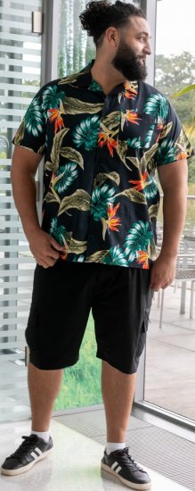 D555 Selby Hawaiian AOP Short Sleeve Revere Collar Shirt Black - Chemises - Chemises Grandes Tailles Hommes