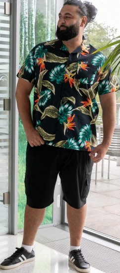 D555 Selby Hawaiian AOP Short Sleeve Revere Collar Shirt Black - Chemises - Chemises Grandes Tailles Hommes