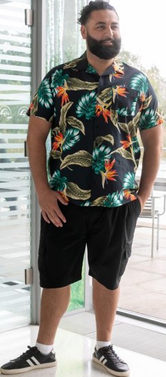 D555 Selby Hawaiian AOP Short Sleeve Revere Collar Shirt Black - Chemises - Chemises Grandes Tailles Hommes