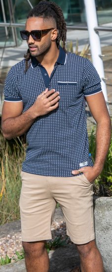 D555 Coventry AOP Polo Shirt Jacquard Collar & Ribbed Cuffs Navy - Polos - Polos homme grande taille