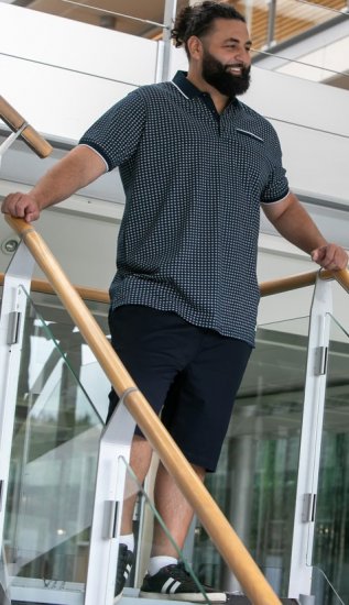 D555 Coventry AOP Polo Shirt Jacquard Collar & Ribbed Cuffs Navy - Polos - Polos homme grande taille