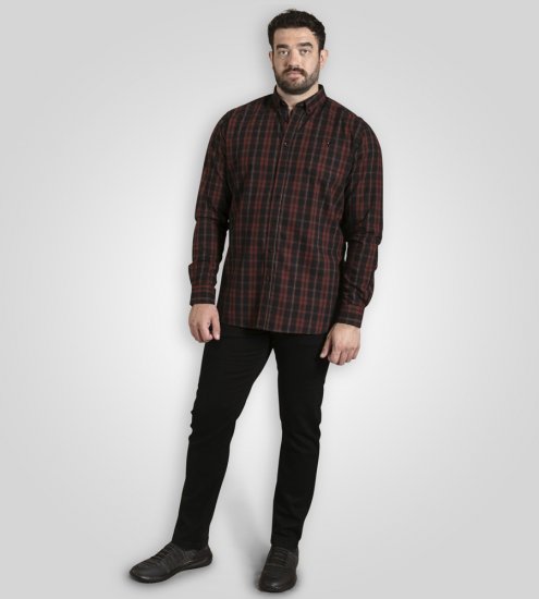 D555 Horsham Long Sleeve Shirt with Chest Pocket Burgundy/Black Check - Chemises - Chemises Grandes Tailles Hommes