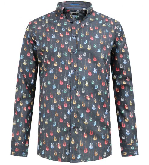 D555 Wakefield Long Sleeve AOP Guitar Printed Shirt Grey - Chemises - Chemises Grandes Tailles Hommes