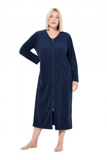 Ulla Popken 749967 Peignoir en éponge à fermeture éclair Bleu marine - Robes de chambre & peignoirs - 