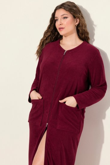 Ulla Popken 749967 Peignoir en éponge à fermeture éclair Bordeaux - Robes de chambre & peignoirs - 