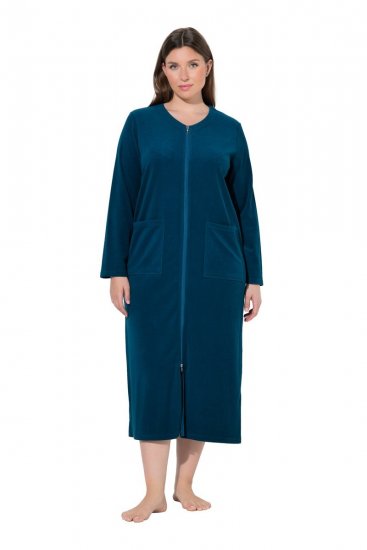 Ulla Popken 749967 Peignoir en éponge à fermeture éclair Pétrole - Robes de chambre & peignoirs - 