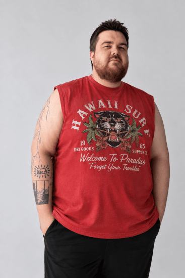 Kam Jeans 5763 Hawaii Surf Vest Sleeveless T-Shirt Washed Red - T-shirts - T-shirts Homme Grande Taille