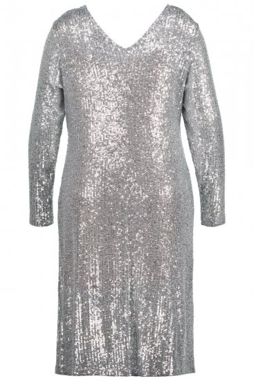 Ulla Popken 804863 Robe à sequins à col V Argent - Robes de soirée - Robes de soirée en grandes tailles