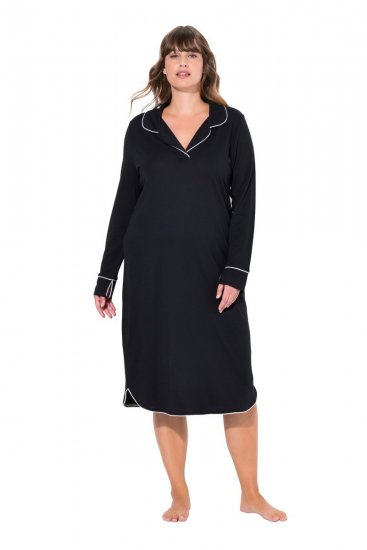 Ulla Popken 812447 Chemise de nuit à col chemise Noir - Chemises de nuit - 