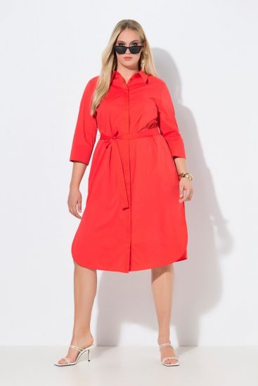 Ulla Popken 815217 Robe chemise trapèze à ceinture à nouer Rose - Robes midi - Robes mi-longues pour femmes rondes