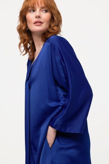 Ulla Popken 821110 Robe en satin à manches courtes et col V Bleu marine - Robes de soirée - Robes de soirée en grandes tailles