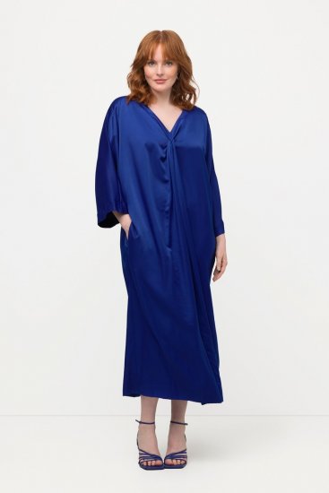 Ulla Popken 821110 Robe en satin à manches courtes et col V Bleu marine - Robes de soirée - Robes de soirée en grandes tailles