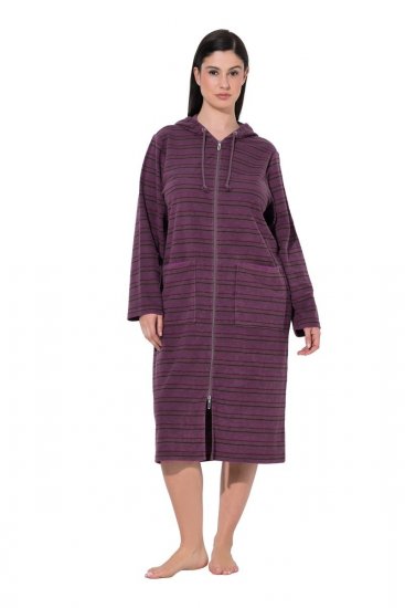 Ulla Popken 821543 Peignoir en éponge rayé à fermeture éclair Marron - Robes de chambre & peignoirs - 