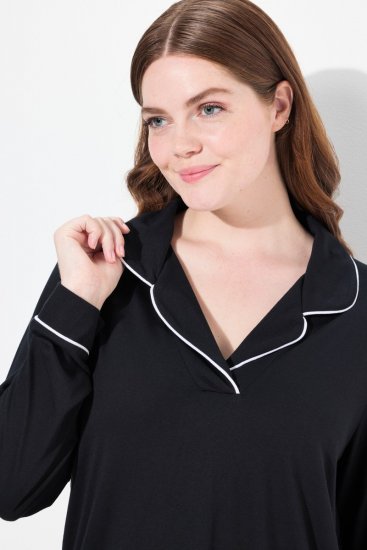 Ulla Popken 823030 Pyjama à col chemise Noir - Pyjamas/vêtements de détente - 