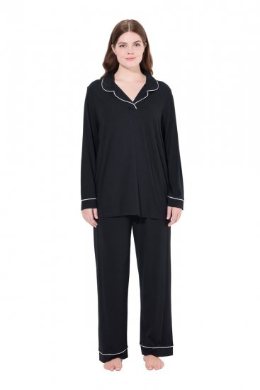 Ulla Popken 823030 Pyjama à col chemise Noir - Pyjamas/vêtements de détente - 