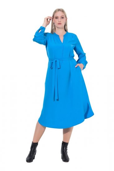 Ulla Popken 831004 Robe mi-longue à manches longues et col V Bleu roi - Robes midi - Robes mi-longues pour femmes rondes