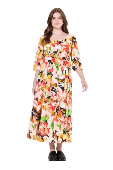 Ulla Popken 832512 Robe en lin mélangé fleurie à manches 3/4 Rouge - Robes maxi - Robes longues pour femmes rondes