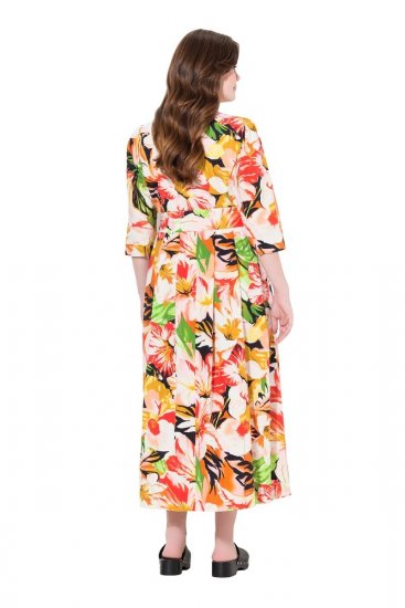 Ulla Popken 832512 Robe en lin mélangé fleurie à manches 3/4 Rouge - Robes maxi - Robes longues pour femmes rondes