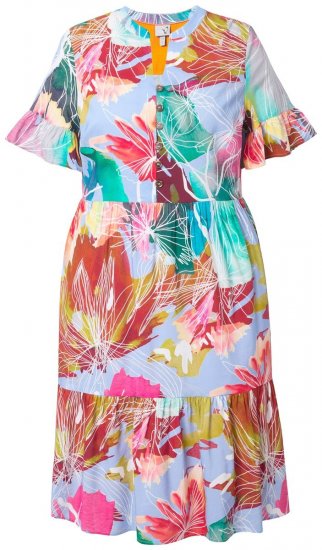 Ulla Popken 836746 Robe mi-longue fleurie à volants Bleu clair - Robes midi - Robes mi-longues pour femmes rondes