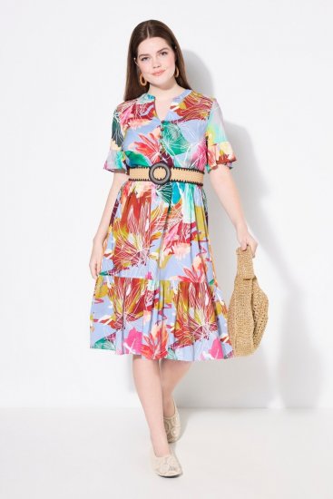Ulla Popken 836746 Robe mi-longue fleurie à volants Bleu clair - Robes midi - Robes mi-longues pour femmes rondes