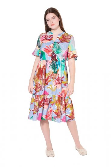 Ulla Popken 836746 Robe mi-longue fleurie à volants Bleu clair - Robes midi - Robes mi-longues pour femmes rondes