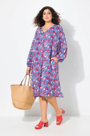 Ulla Popken 838839 Robe chemise imprimée Pétrole - Robes midi - Robes mi-longues pour femmes rondes
