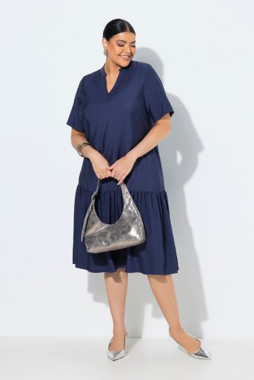 Ulla Popken 840367 Robe mi-longue à manches courtes et col V Bleu marine - Robes midi - Robes mi-longues pour femmes rondes