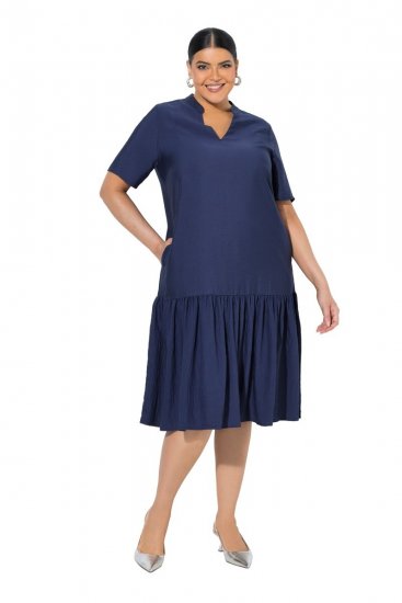 Ulla Popken 840367 Robe mi-longue à manches courtes et col V Bleu marine - Robes midi - Robes mi-longues pour femmes rondes