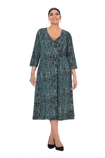 Ulla Popken 841839 Robe en jersey à imprimé animal et manches 3/4 Vert foncé - Robes midi - Robes mi-longues pour femmes rondes
