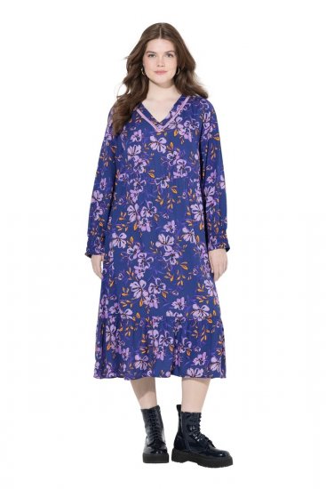 Ulla Popken 841873 Robe mi-longue fleurie Bleu marine - Robes midi - Robes mi-longues pour femmes rondes