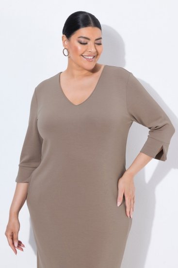 Ulla Popken 841952 Robe sweat à col V Marron clair - Robes - Des robes dans toutes les tailles