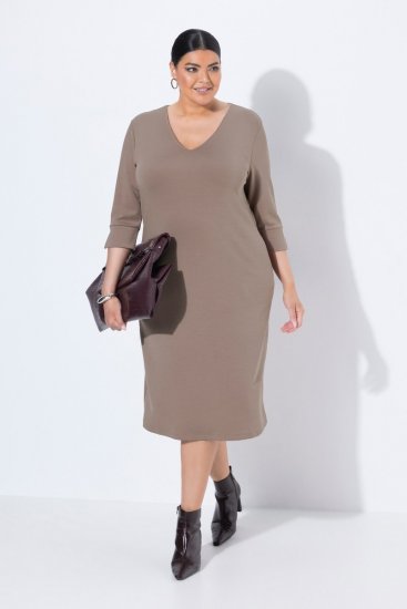Ulla Popken 841952 Robe sweat à col V Marron clair - Robes - Des robes dans toutes les tailles