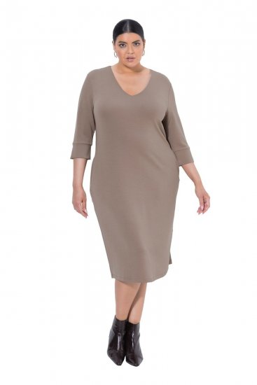 Ulla Popken 841952 Robe sweat à col V Marron clair - Robes - Des robes dans toutes les tailles